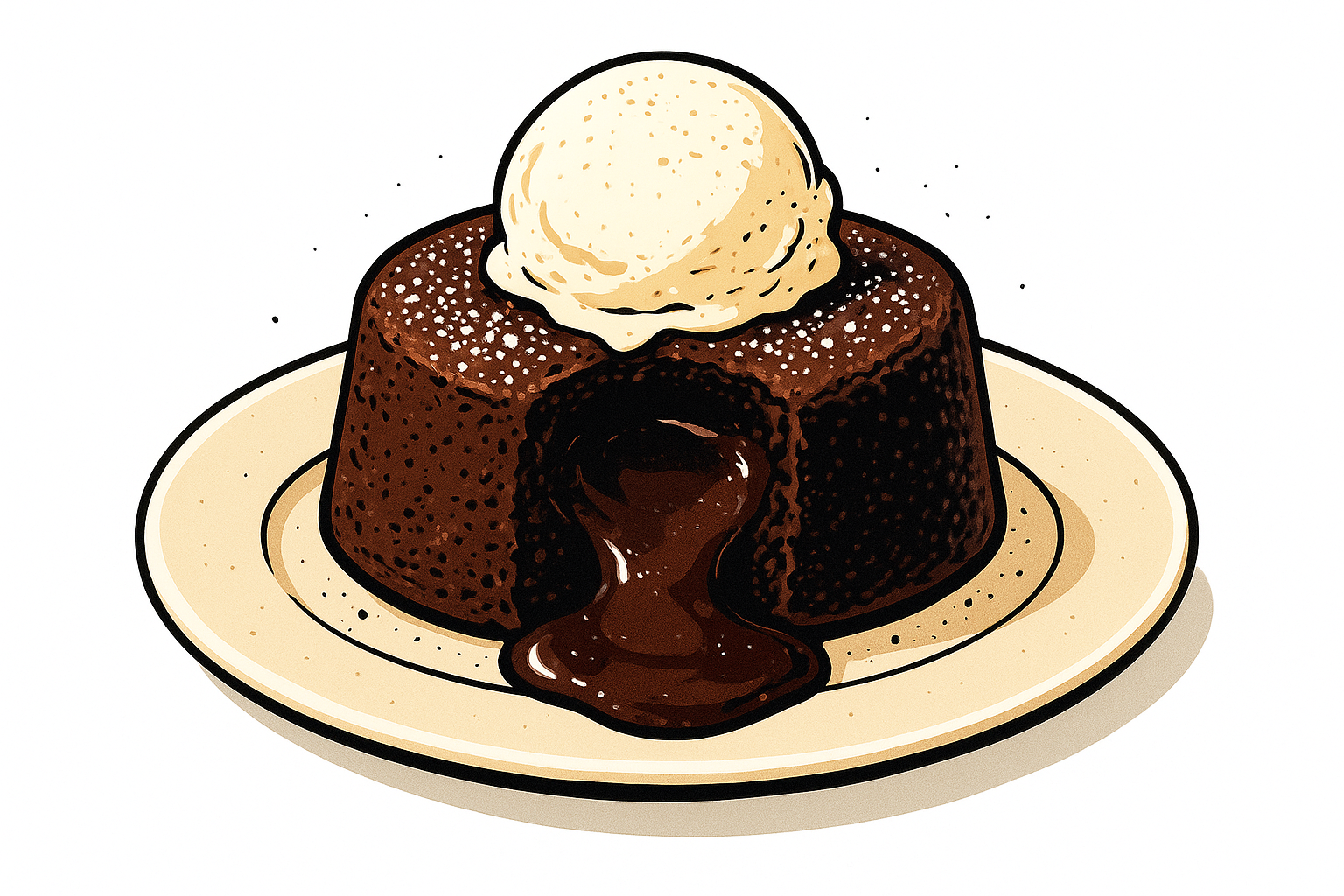 Aesthetic comic-style illustration of chocolate lava cake with molten chocolate center and vanilla ice cream on a white background