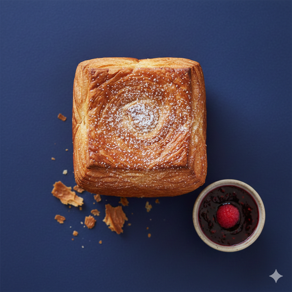 A cube-shaped croissant, seen from above, sprinkled with powdered sugar, with berry jam on the side.