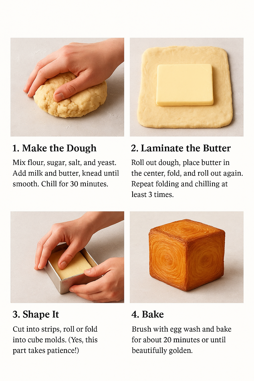 Illustration of the steps for making croissant cubes with clear pictures and descriptions.