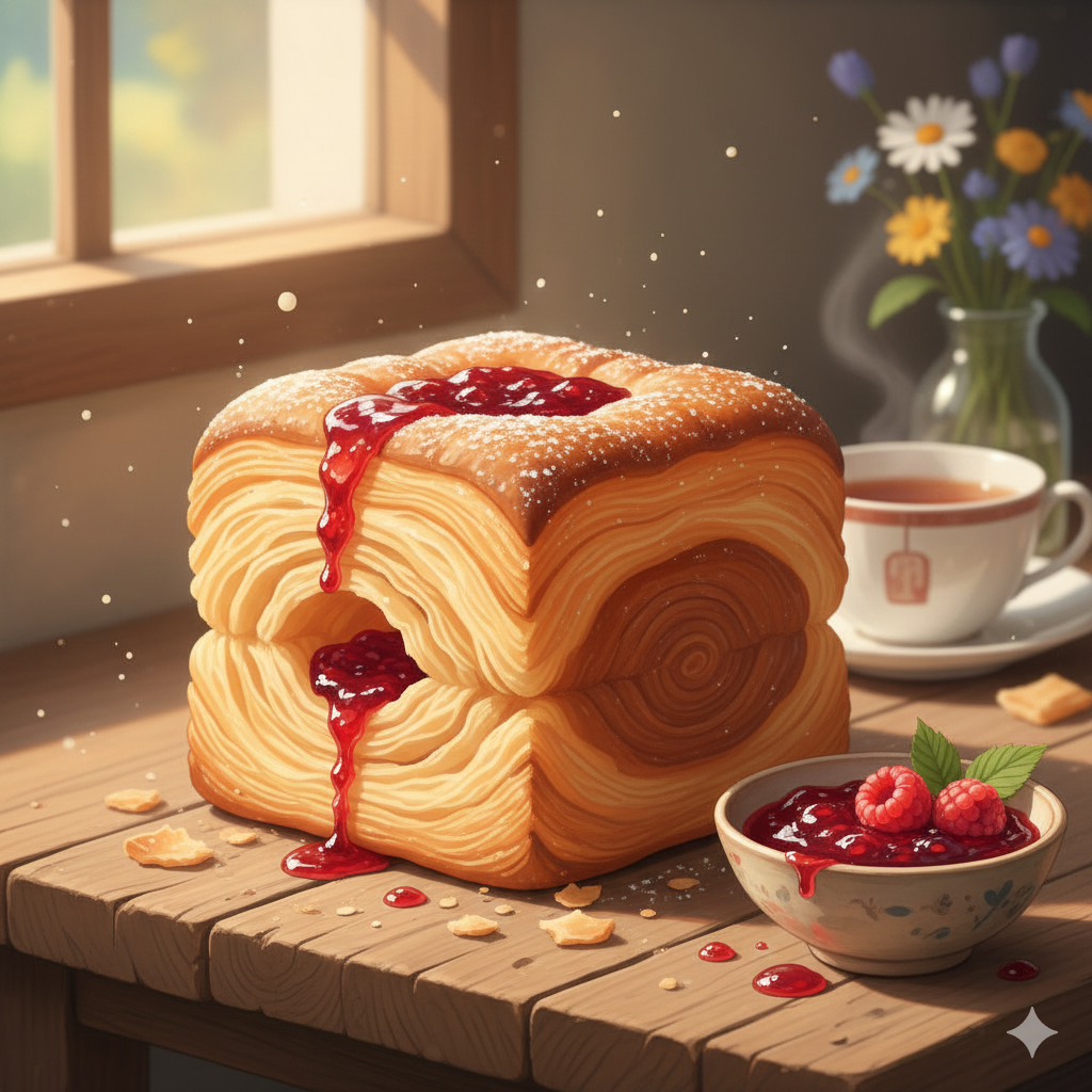 A cube-shaped croissant, in an anime illustration, on a table in front of a window, with berry jam that looks very sweet.