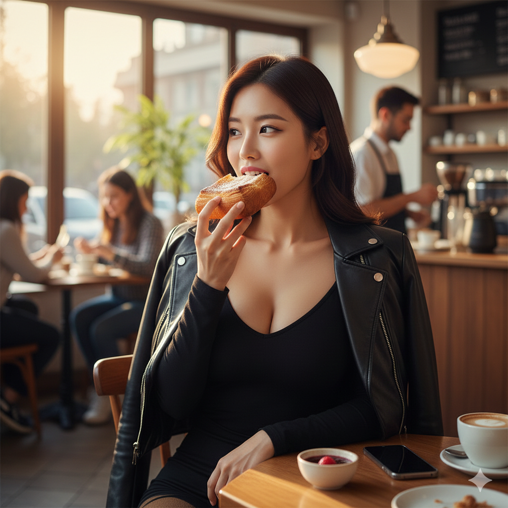 Enjoying a slice of croissant in a cafe with a warm afternoon atmosphere.