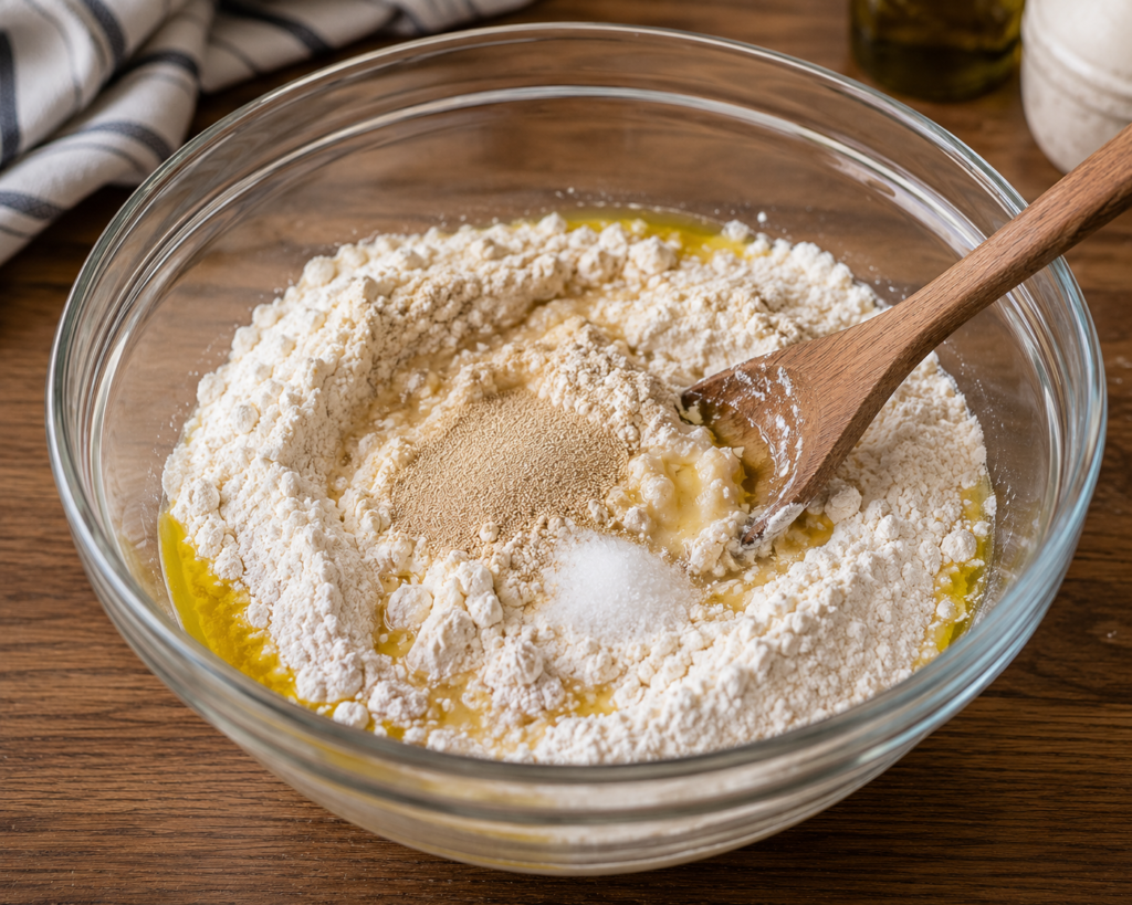In a large bowl, combine the flour, yeast, and olive oil, then mix with a wooden spoon until the ingredients are evenly incorporated