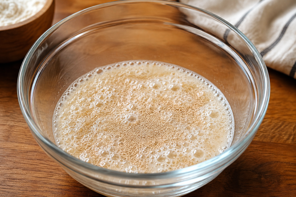 Instant yeast activating in warm water for homemade pizza dough