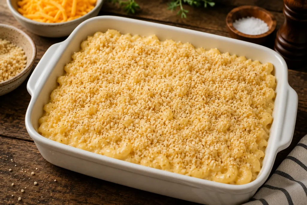 Breadcrumbs evenly sprinkled over homemade mac and cheese before baking for a crispy golden topping.