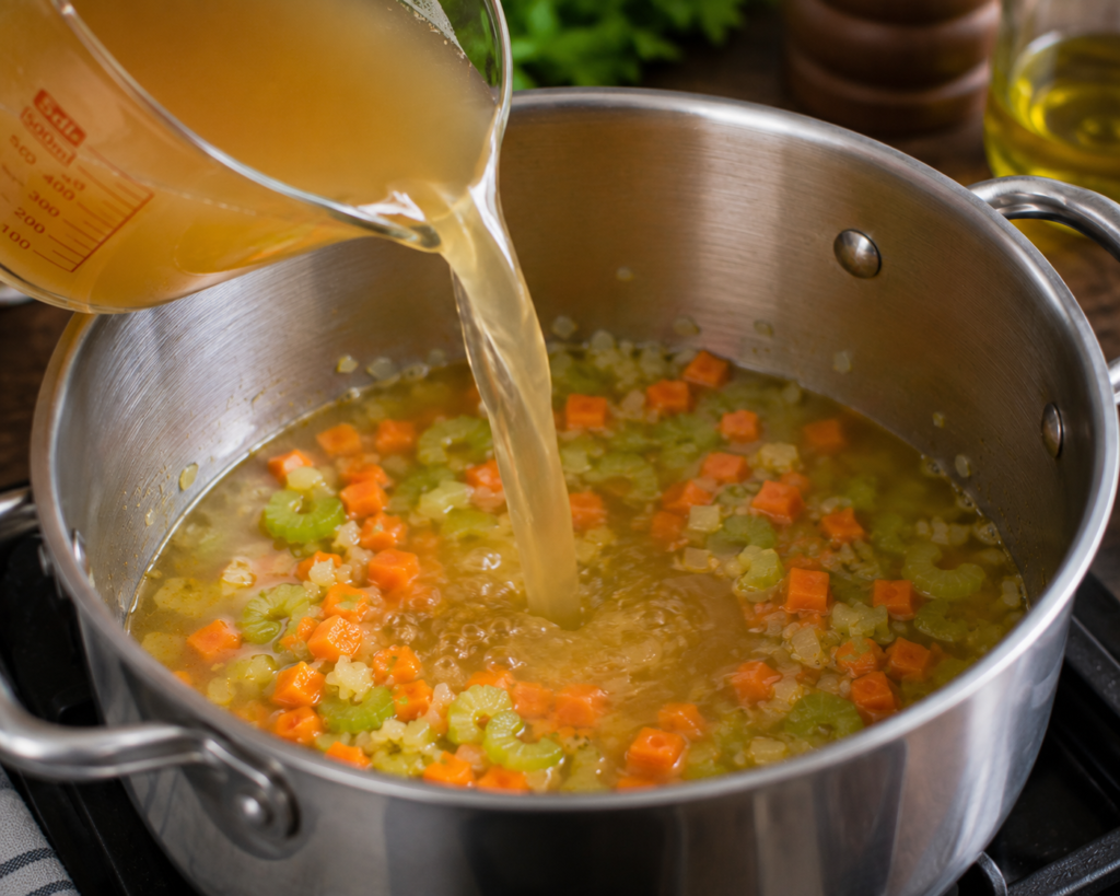 Chicken broth being poured into saucepan with vegetables for homemade egg soup