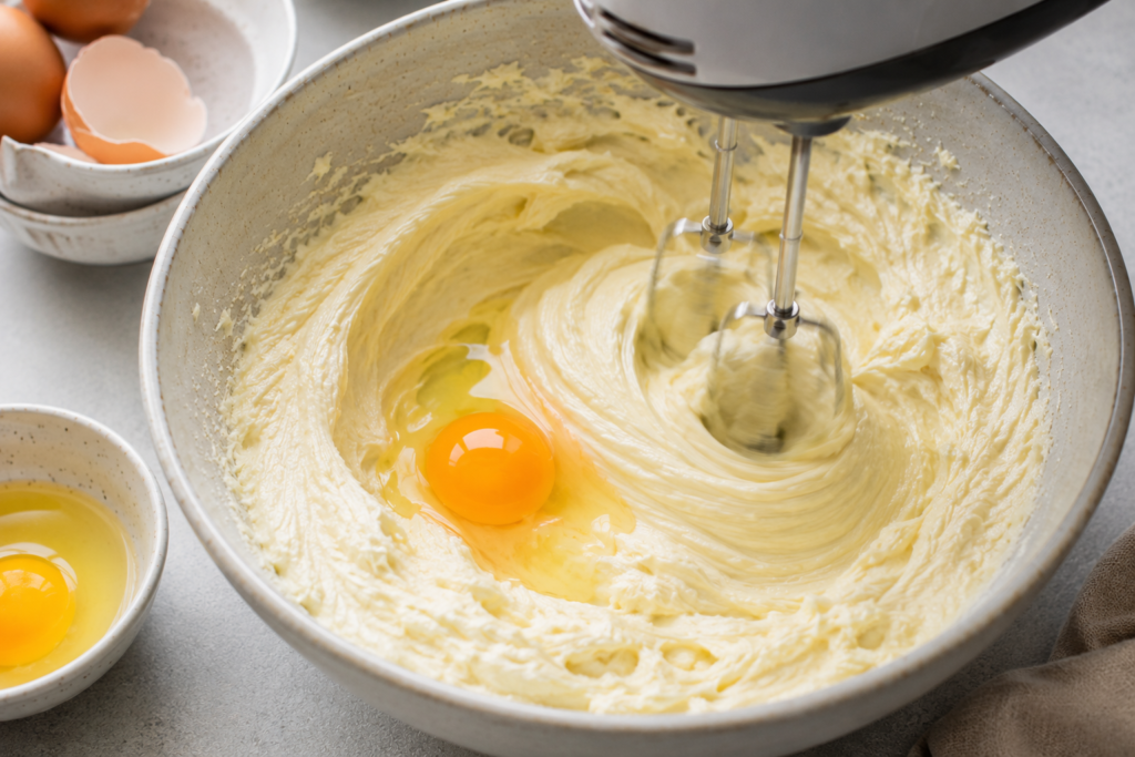 Eggs being added to Basque Burnt Cheesecake batter during the mixing process in a kitchen bowl