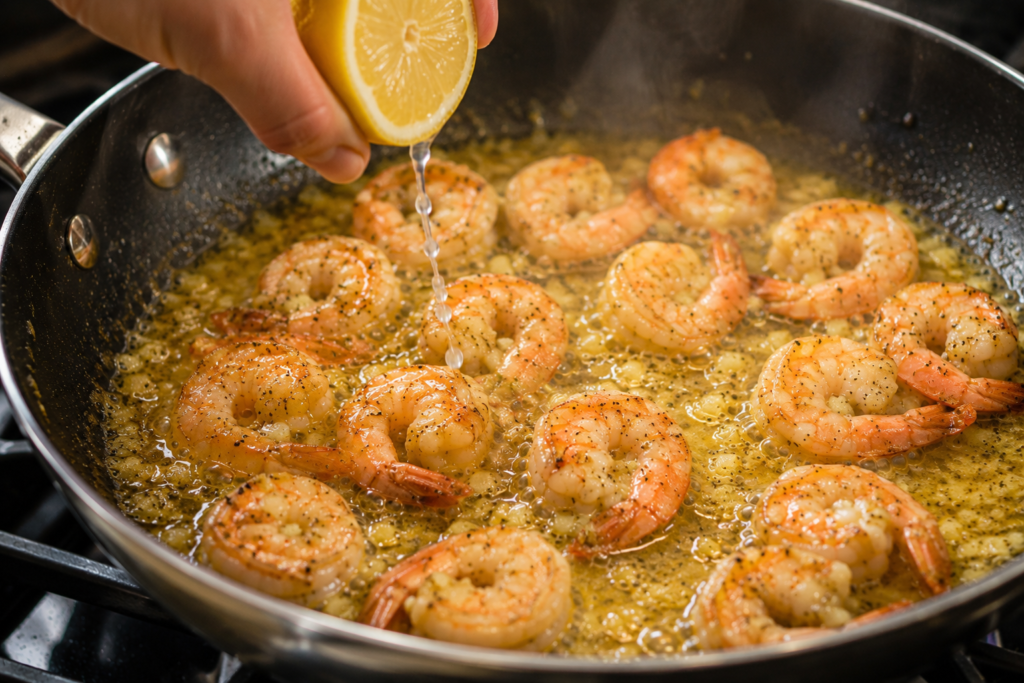 Fresh lemon juice being squeezed over Garlic Butter Shrimp while cooking in a skillet.