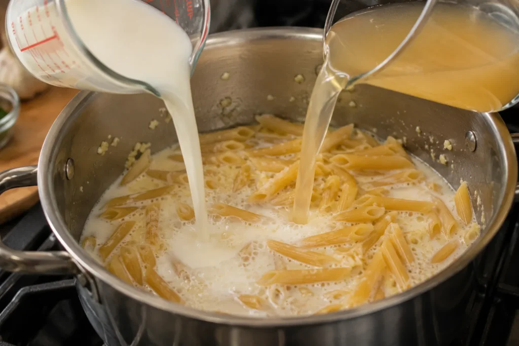 Milk and vegetable broth being poured into a pot with uncooked pasta to make creamy one-pot pasta