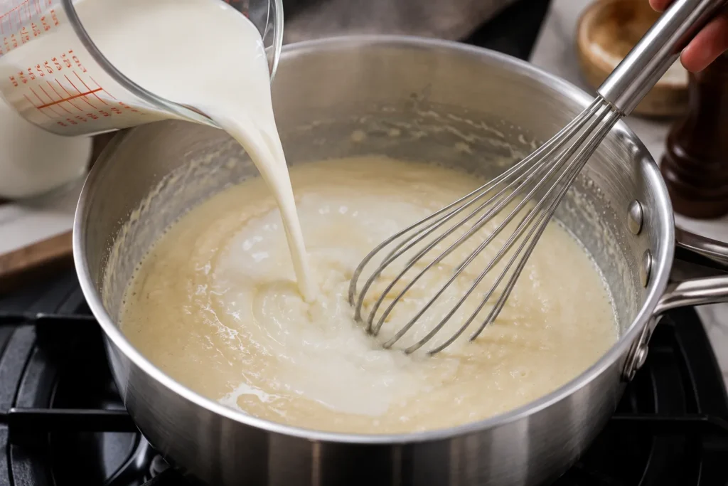 Whole milk and heavy cream being whisked into a roux to create a smooth and creamy cheese sauce for mac and cheese.