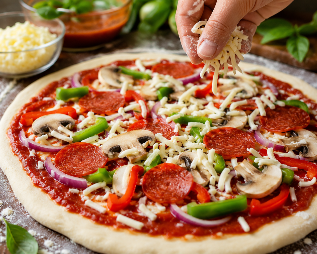 Homemade pizza baking until the crust is golden and crispy.