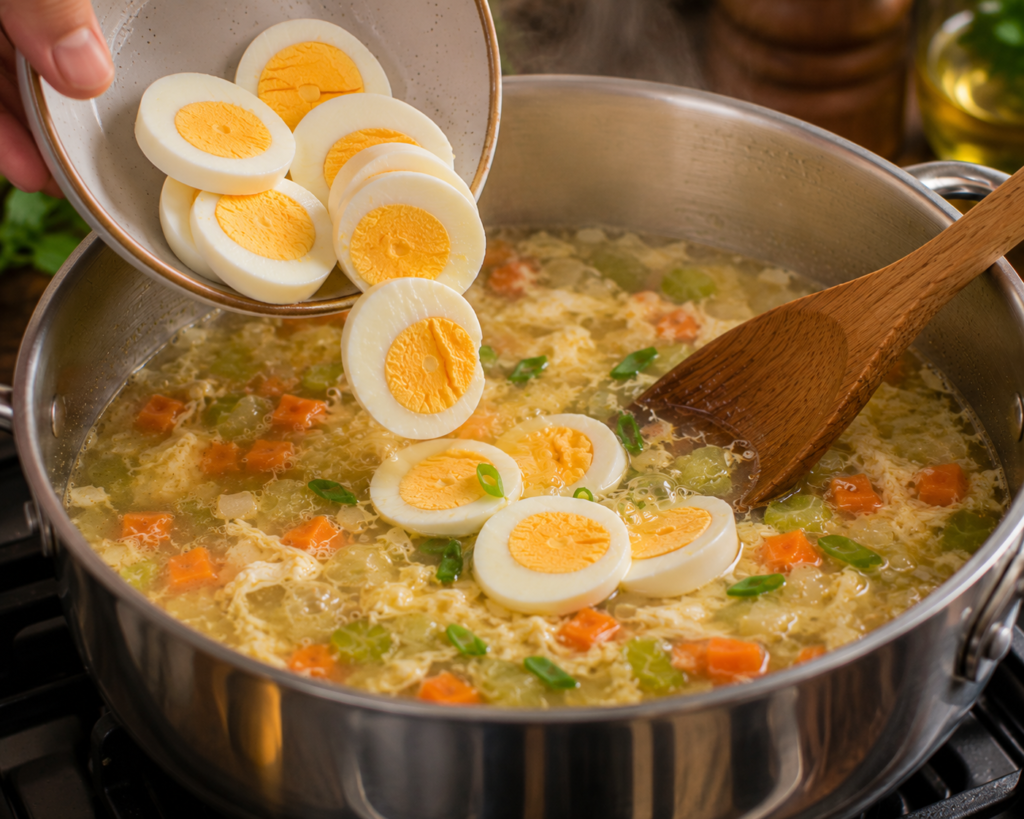 Sliced boiled eggs being added to simmering homemade egg soup with vegetables