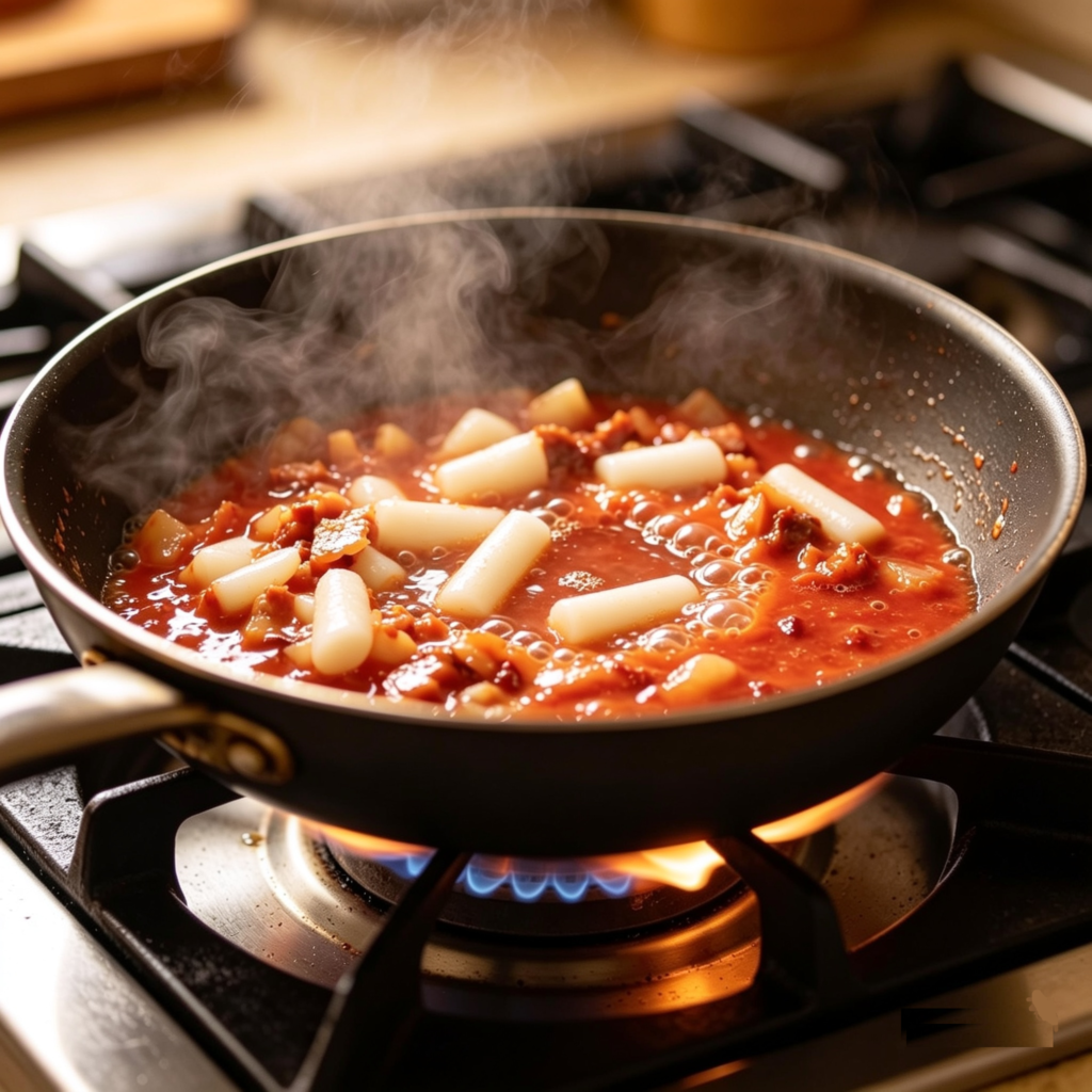 Soft rice cakes (tteok) being added into the bubbling red spicy sauce, cooking tteokbokki step