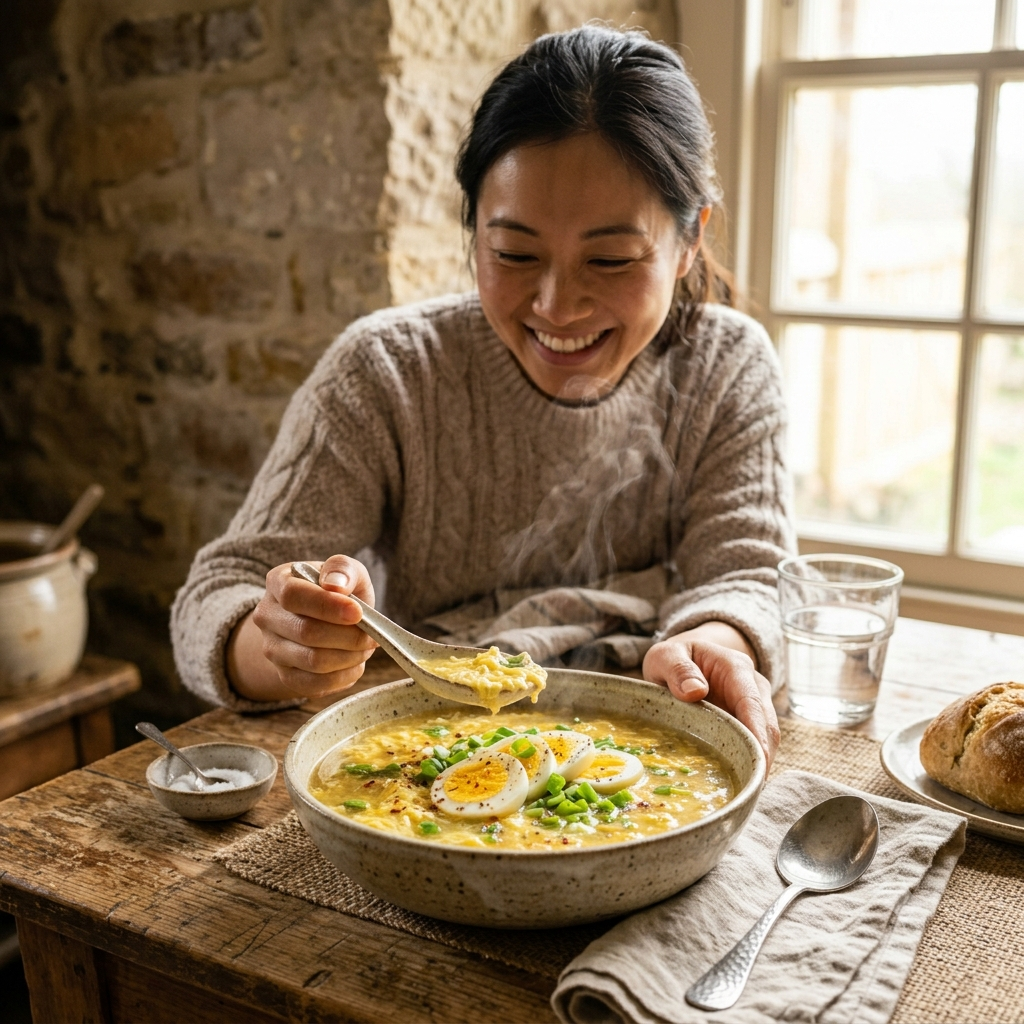 A smiling Asian woman enjoying a bowl of steaming hot homemade egg soup in a cozy, sunlit home kitchen.