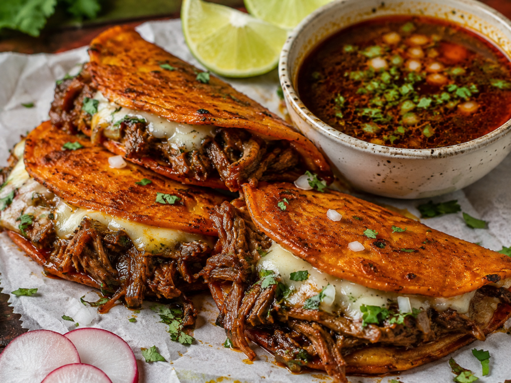 Authentic birria tacos with crispy red tortillas, melted cheese, shredded beef, and rich consommé dipping sauce