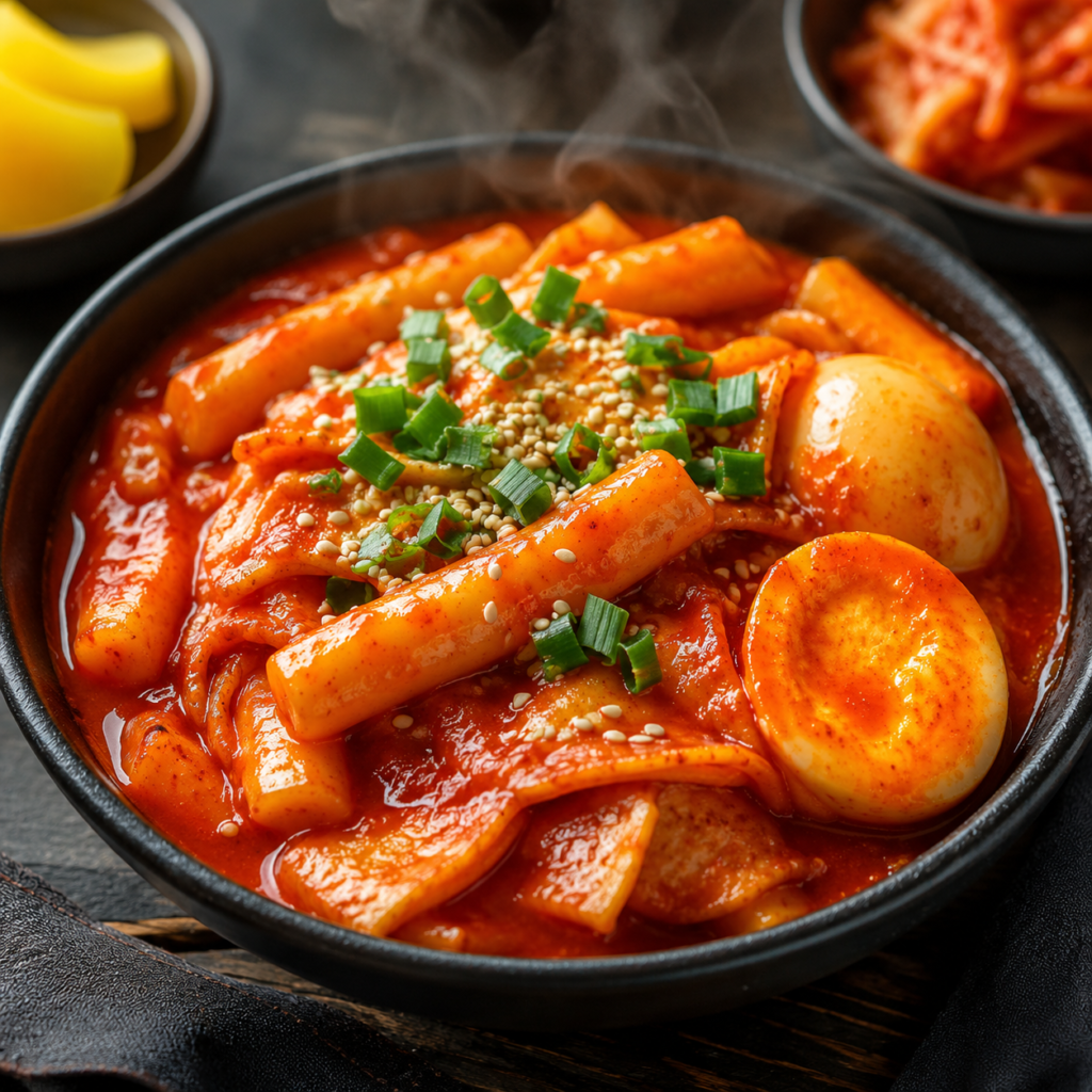 Fresh homemade tteokbokki topped with sesame seeds and green onions, served hot with rich spicy Korean sauce.