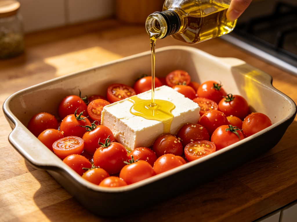 Fresh cherry tomatoes and block of feta cheese arranged in ceramic baking dish, drizzled with olive oil – preparation for baked feta pasta recipe