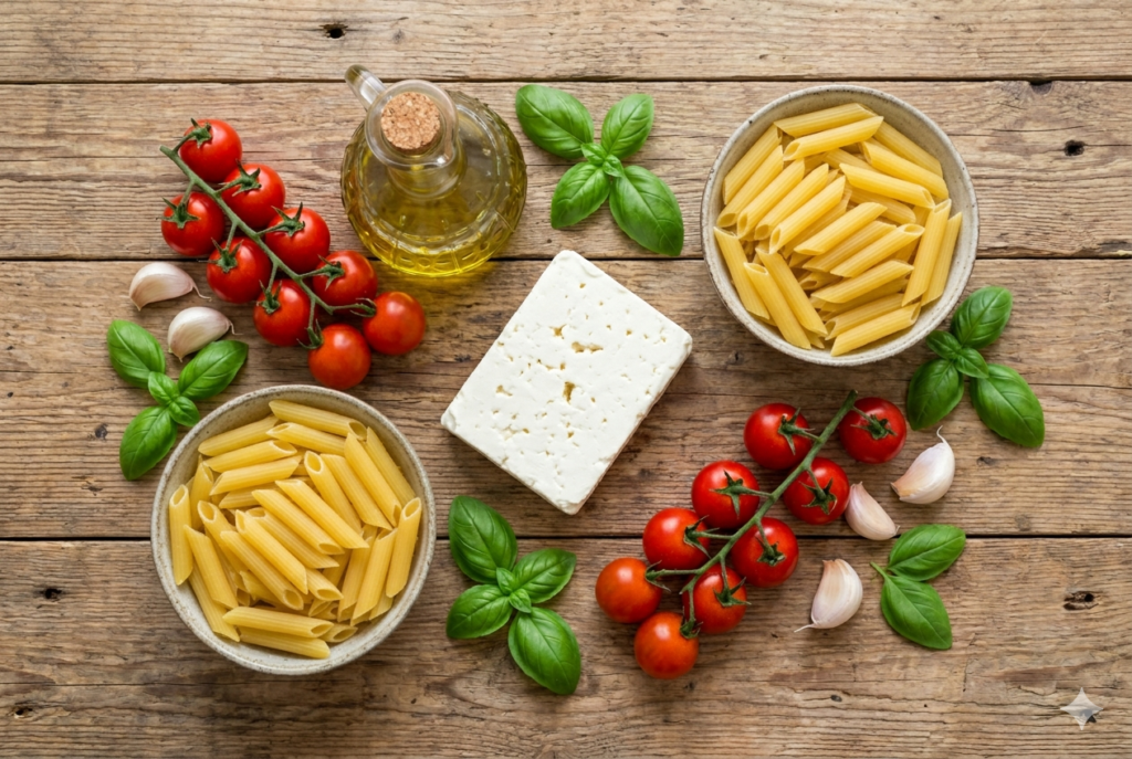 Fresh ingredients for baked feta pasta including feta cheese, cherry tomatoes, garlic, olive oil, basil, and uncooked pasta