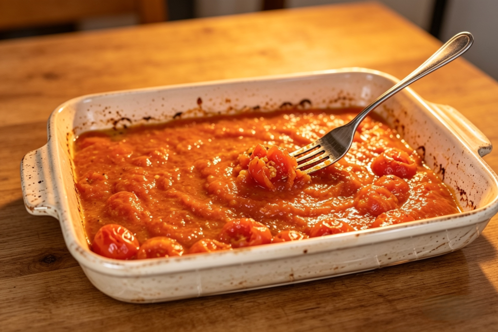 Roasted feta cheese and cherry tomatoes mashed and mixed with fork into creamy sauce in baking dish on wooden table