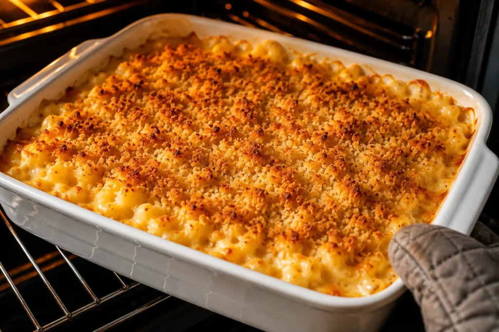 Freshly baked homemade mac and cheese with bubbling cheese sauce and crispy golden breadcrumb topping.