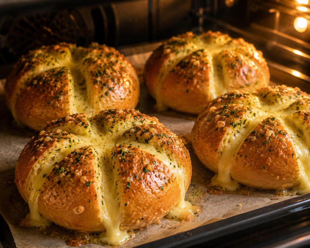Korean garlic cheese bread baking until golden brown in the oven