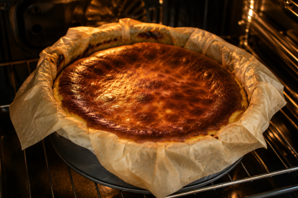 Basque Burnt Cheesecake baking in the oven with a dark caramelized top forming
