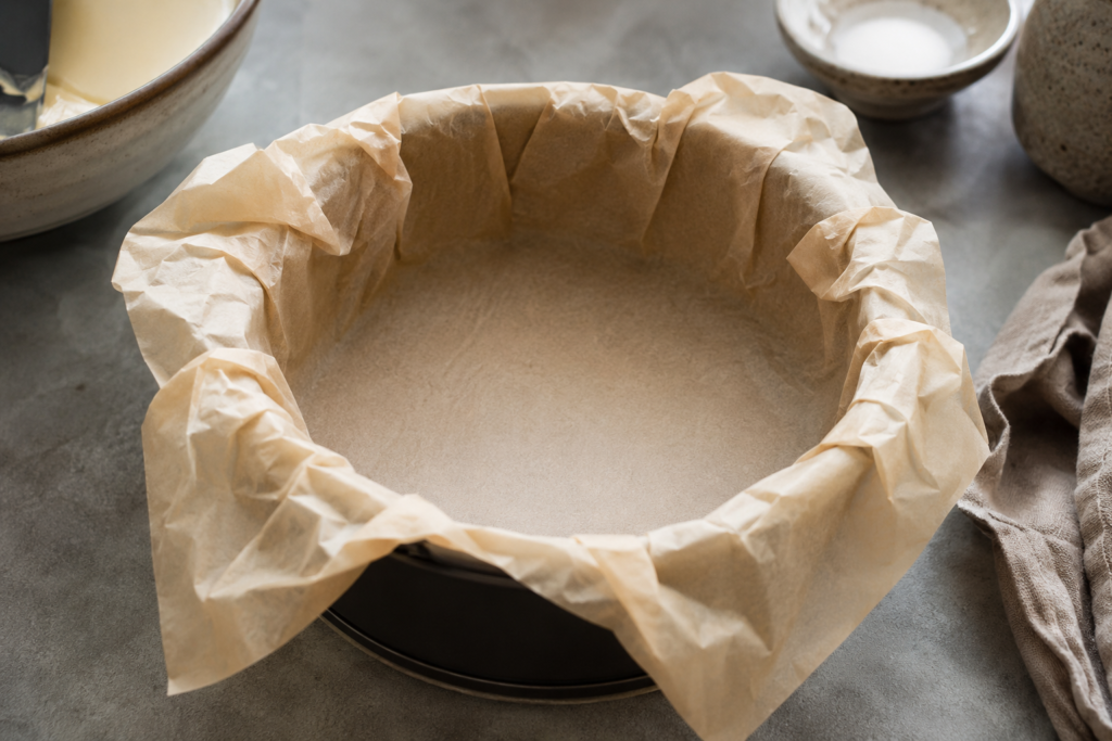 Cake pan lined with crumpled parchment paper prepared for homemade Basque Burnt Cheesecake batter