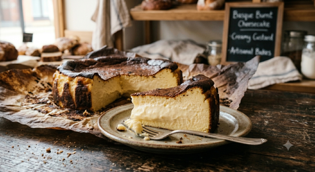 A close-up shot of a creamy slice of Basque burnt cheesecake served on a ceramic dessert plate with a fork, set against a cozy bakery background.