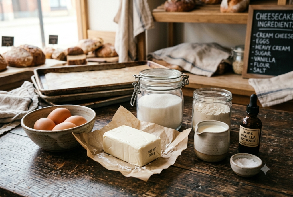 Baking ingredients for Basque cheesecake including cream cheese, fresh eggs in a bowl, sugar in a glass jar, flour, heavy cream, vanilla extract, and sea salt neatly arranged on a rustic wooden table