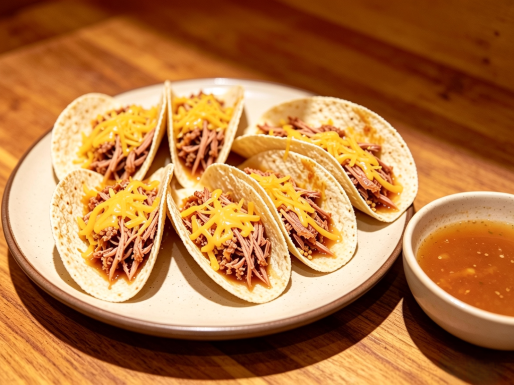 Mouthwatering birria tacos loaded with plenty of fully melted, gooey cheese, served on a plate with a side bowl of rich consommé sauce