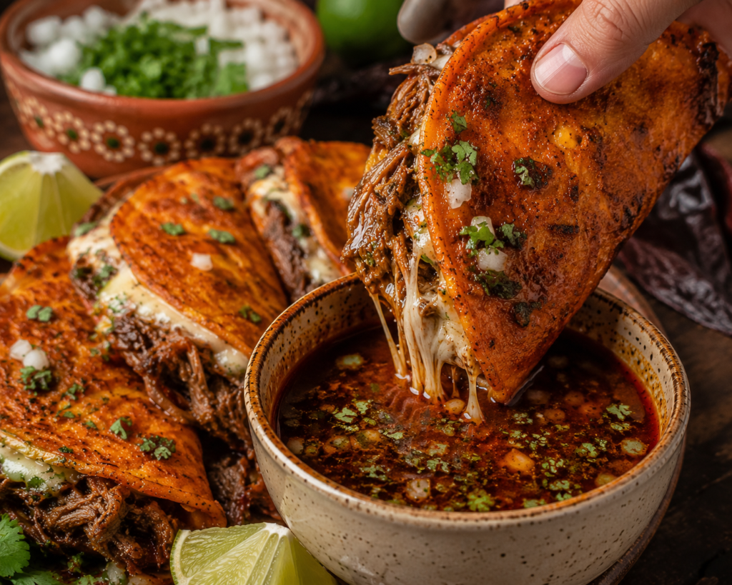 Crispy quesabirria taco dipped into flavorful consommé with melted cheese and tender beef