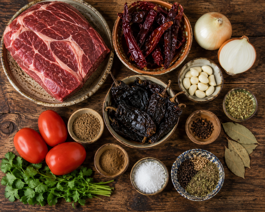 Beef chuck roast, dried guajillo chilies, ancho chilies, pasilla chilies, tomatoes, garlic, onions, and traditional Mexican spices for birria tacos