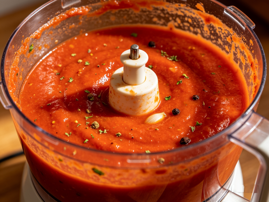 Fresh chilies, ripe tomatoes, garlic, onion, oregano, cumin, cloves, and a little water blended smoothly in a mixer to make rich birria marinade sauce