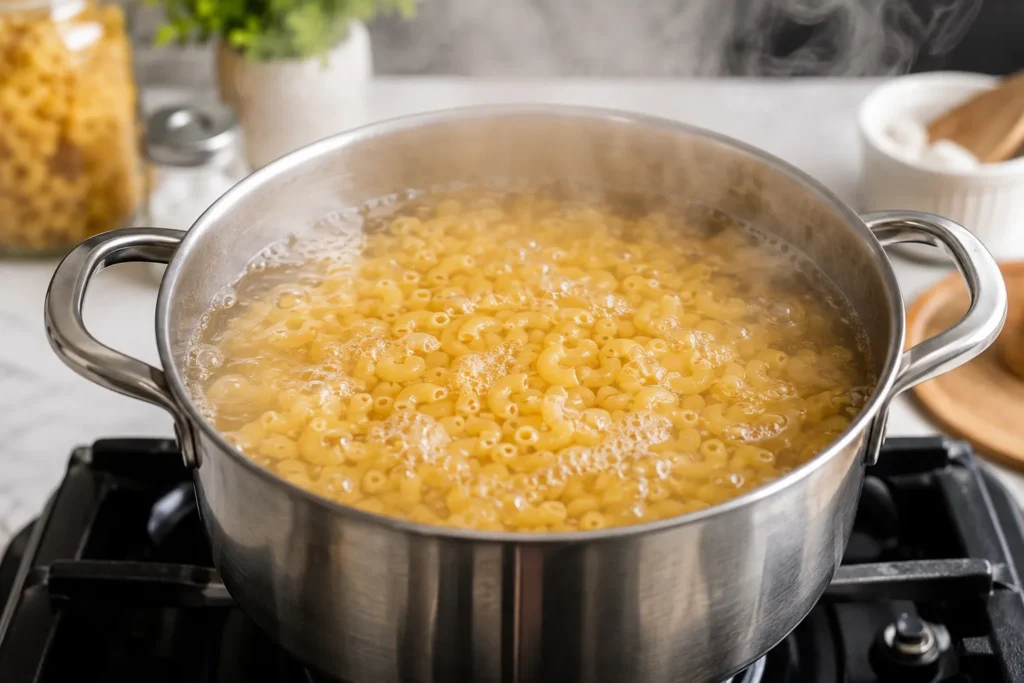 Elbow macaroni boiling in salted water in a large stainless steel pot for homemade mac and cheese.