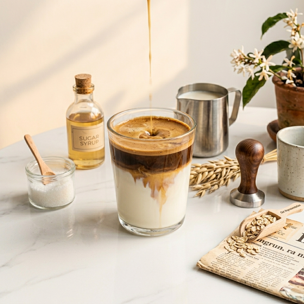 Hot espresso being poured into a glass of cold oat milk to create a dirty coffee, decorated with raw oats and a syrup bottle on a white table.