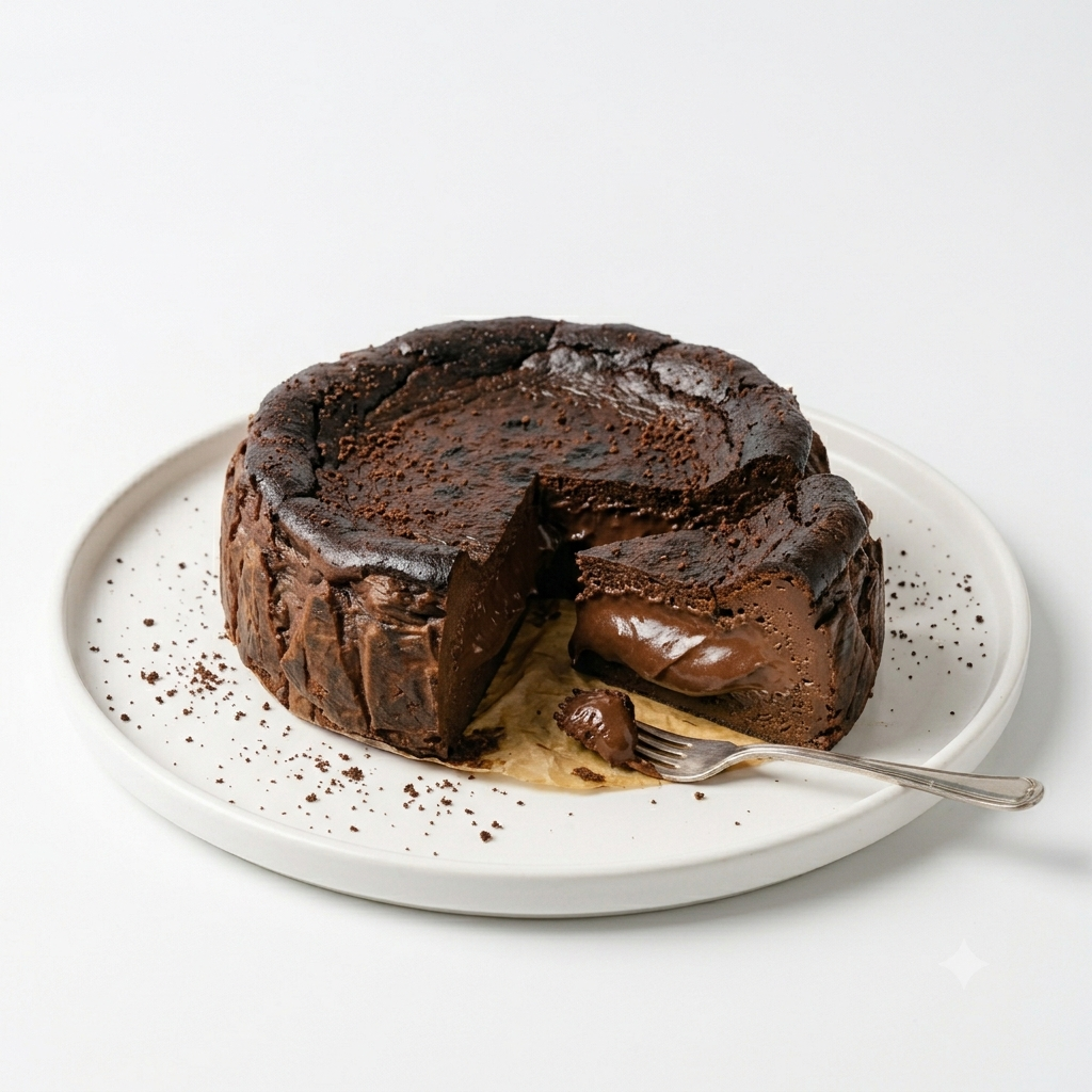 A rich Chocolate Basque burnt cheesecake topped with chocolate shavings, with a slice showing a soft, creamy chocolate custard interior on a clean white studio background