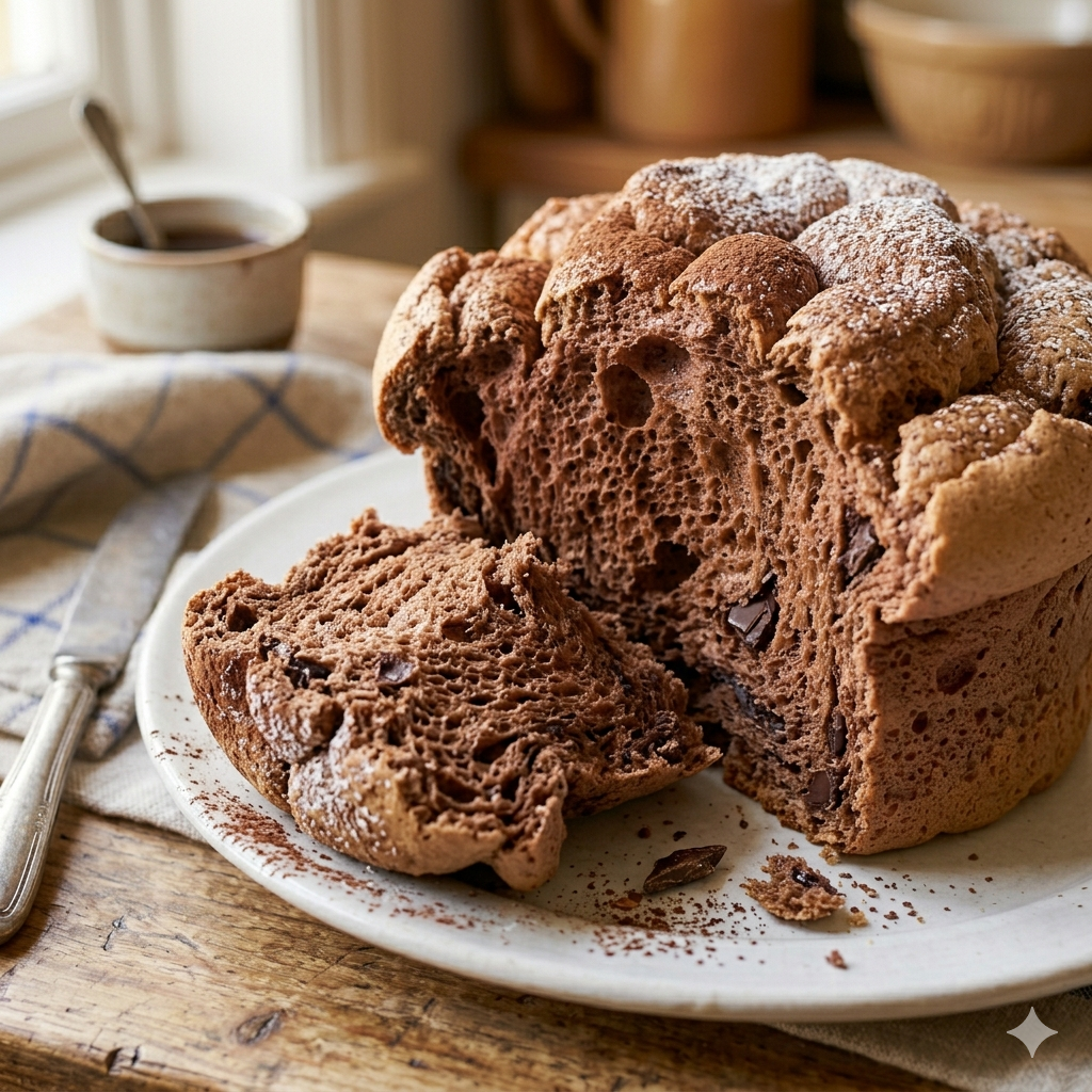 A detailed shot of freshly baked chocolate cloud bread on a plate, torn apart to reveal its light, fluffy, and airy texture.