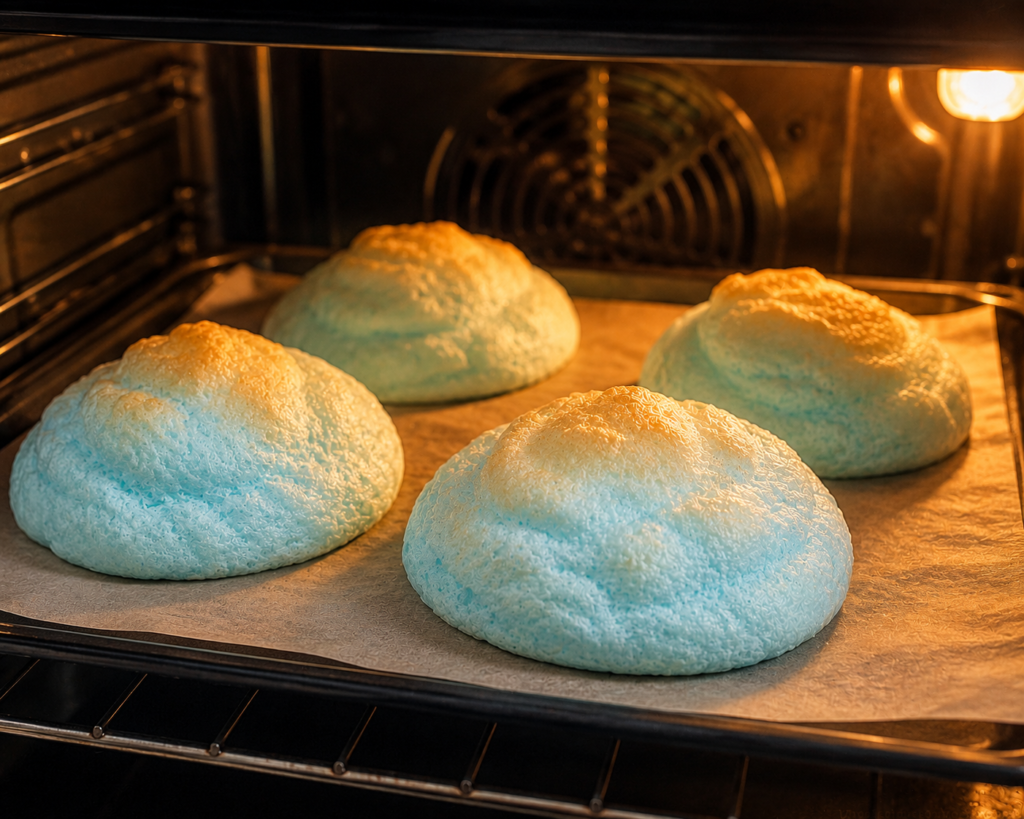 Cloud Bread baking inside oven with lightly golden tops and warm oven lighting