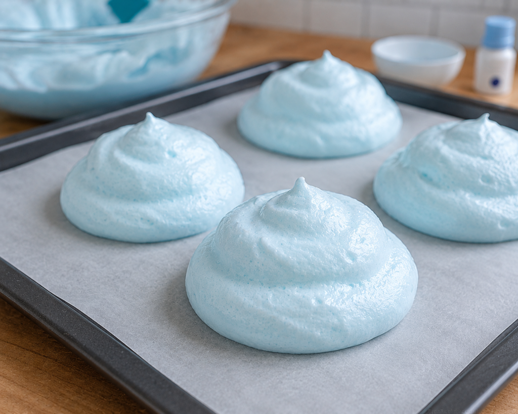 Fluffy Cloud Bread batter shaped into domes on parchment paper before baking
