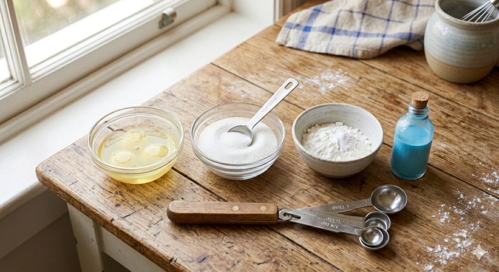 Baking ingredients including egg whites, sugar, cornstarch, blue food coloring, and measuring spoons arranged on a wooden kitchen counter.