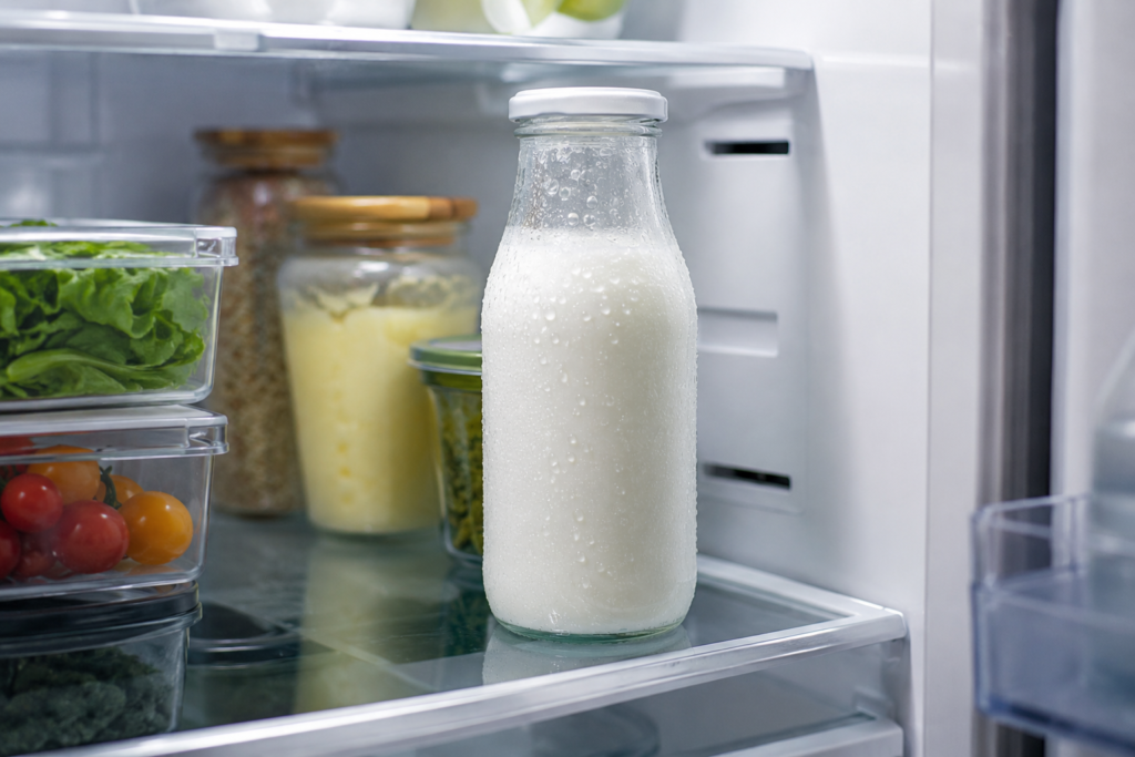 Cold fresh milk chilling inside a refrigerator in a glass bottle with condensation, preparing the perfect creamy base for a homemade Dirty Coffee recipe.