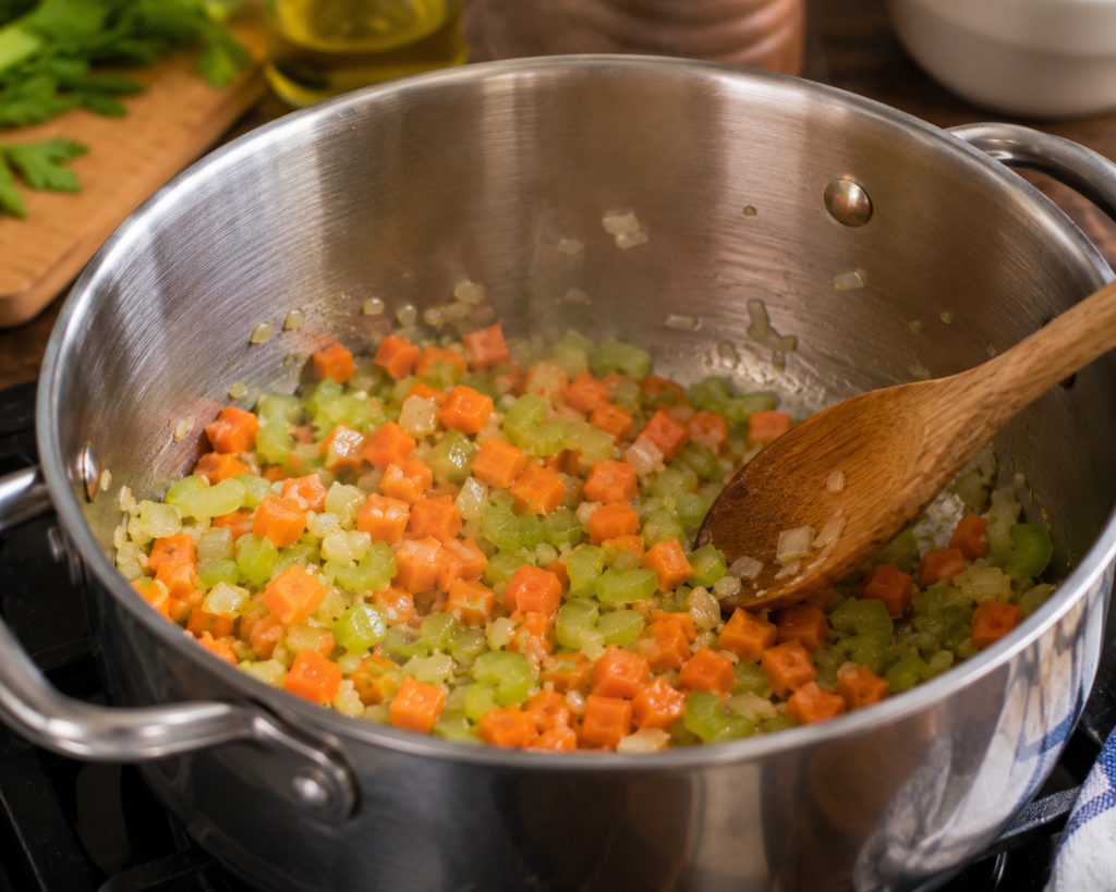 Diced carrots and celery cooking in soup pot for homemade egg soup