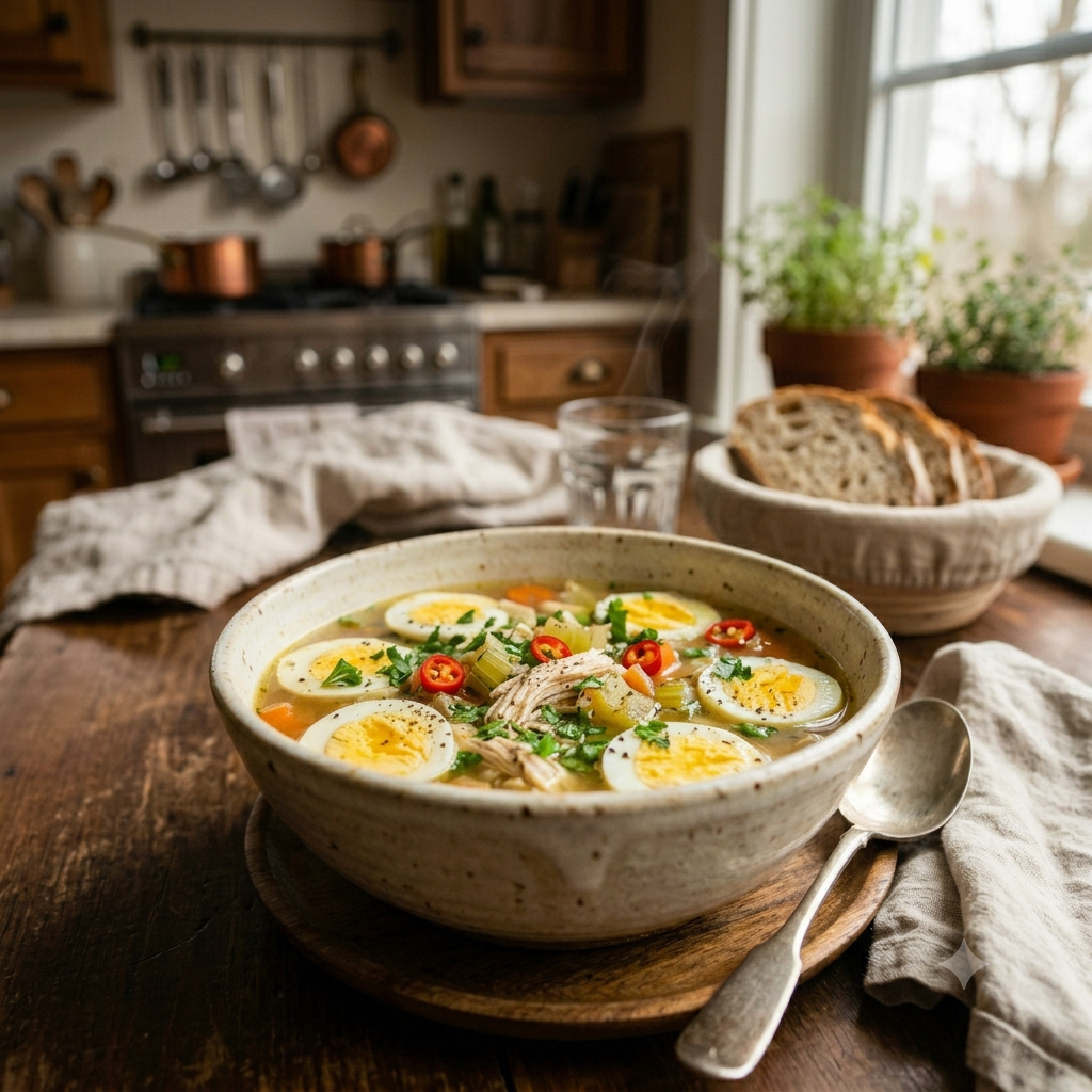Hearty chicken soup in a rustic bowl, garnished with sliced boiled eggs, fresh carrots, celery, and vibrant red chili slices, served in a warm, atmospheric home kitchen.