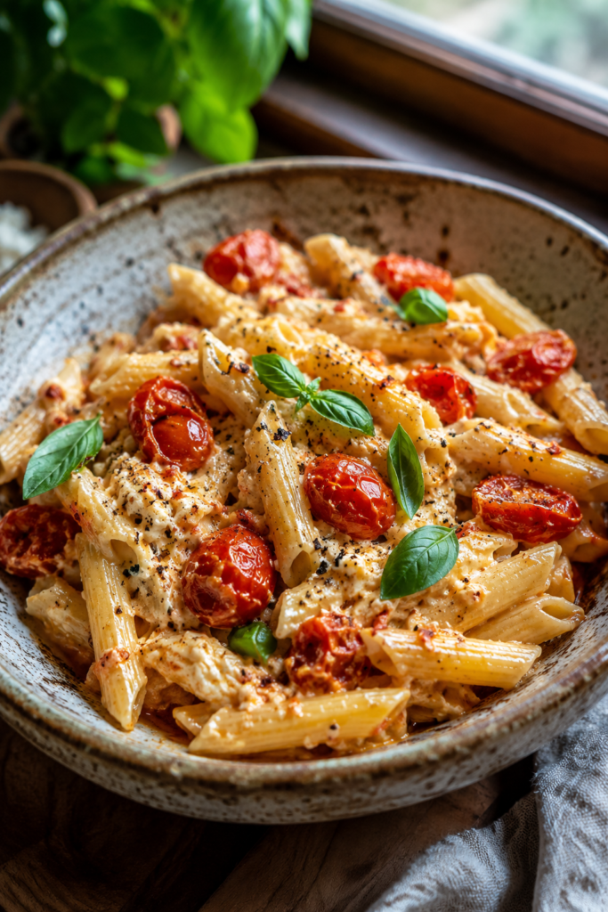 Fork twirling creamy baked feta pasta coated in roasted tomato and feta cheese sauce with fresh basil