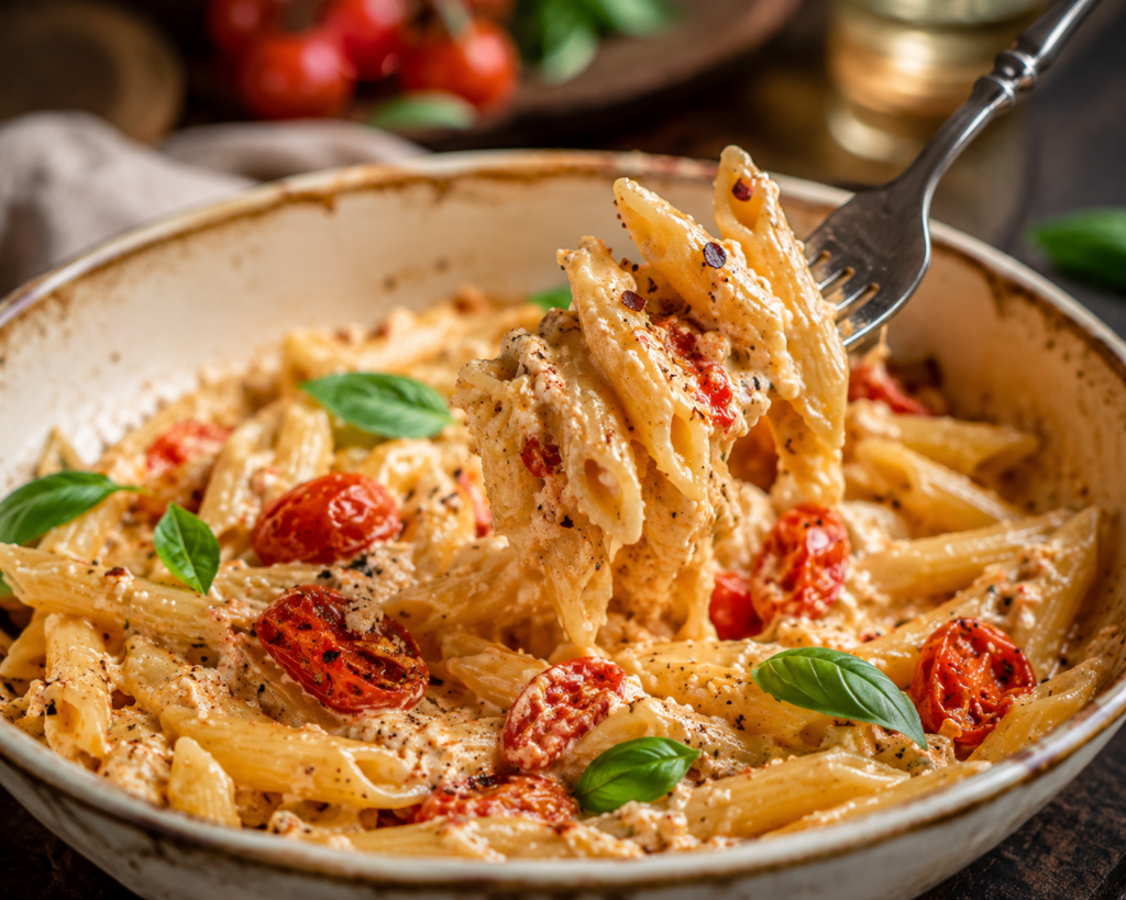 Fork twirling creamy baked feta pasta coated in roasted tomato and feta cheese sauce with fresh basil