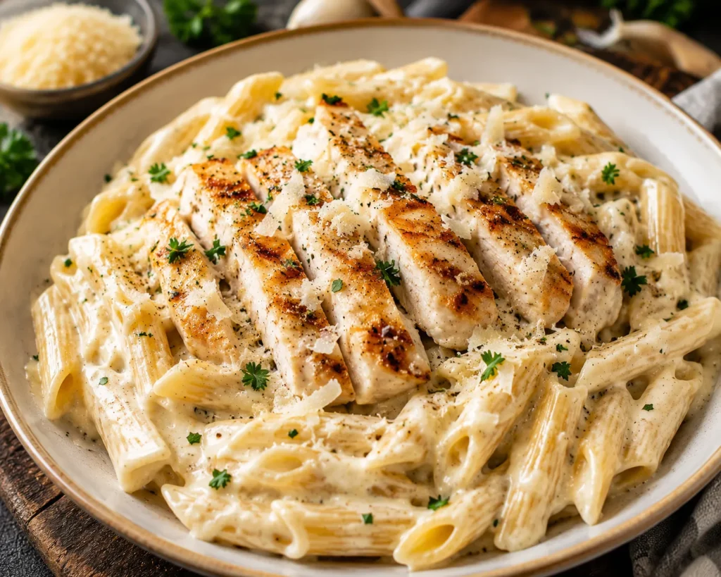 Creamy one-pot chicken Alfredo pasta topped with grilled chicken, parmesan cheese, and fresh parsley