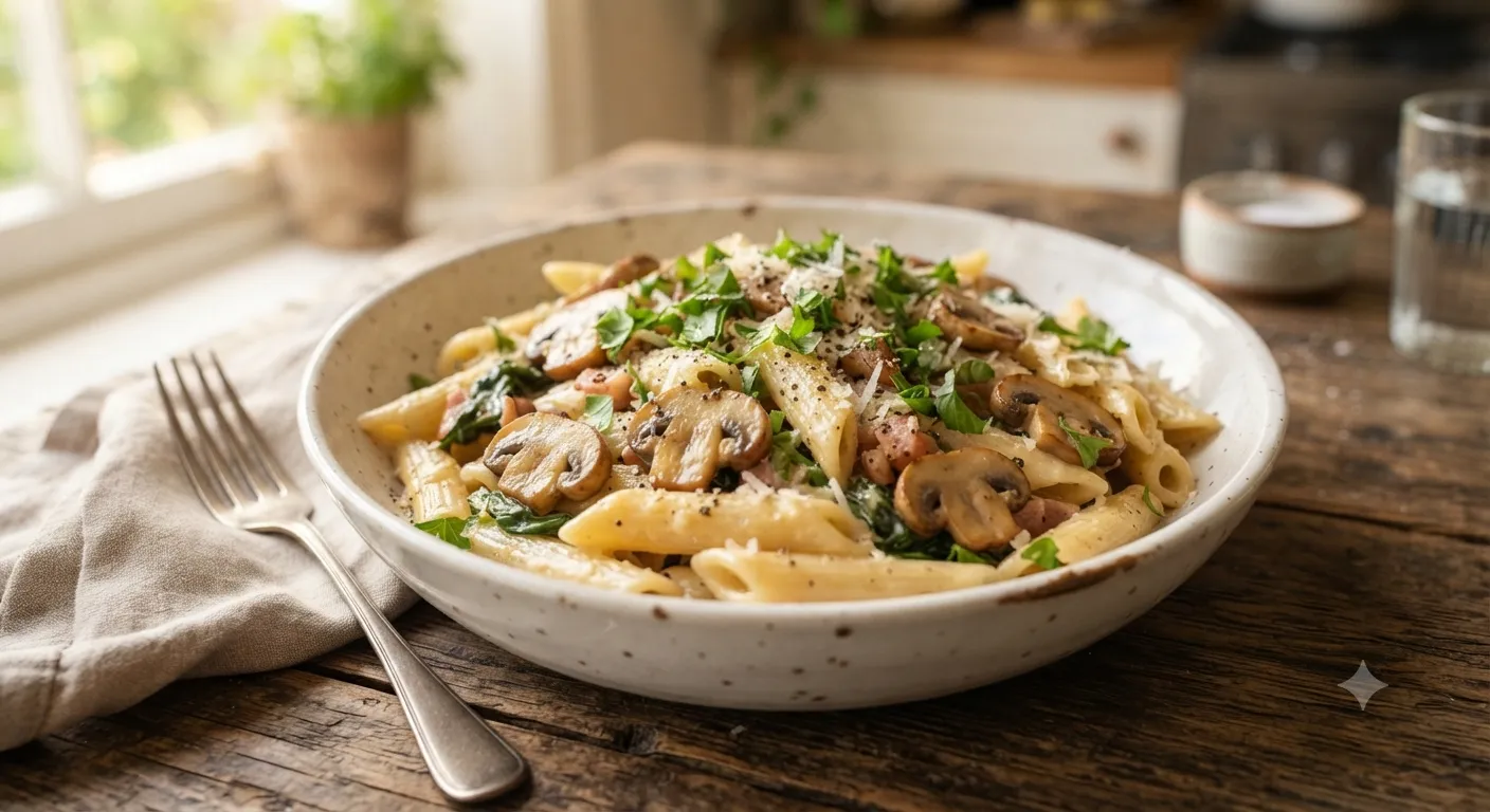 Homemade creamy one-pot pasta featuring sliced mushrooms, parmesan cheese, fresh parsley, and cracked black pepper, presented in a rustic white bowl