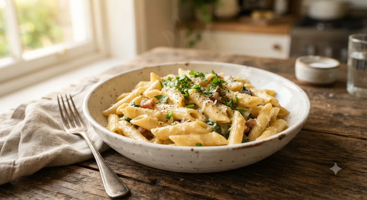 Creamy one-pot penne pasta coated in a rich parmesan sauce, garnished with fresh parsley and black pepper, served in a white ceramic bowl on a rustic wooden table.