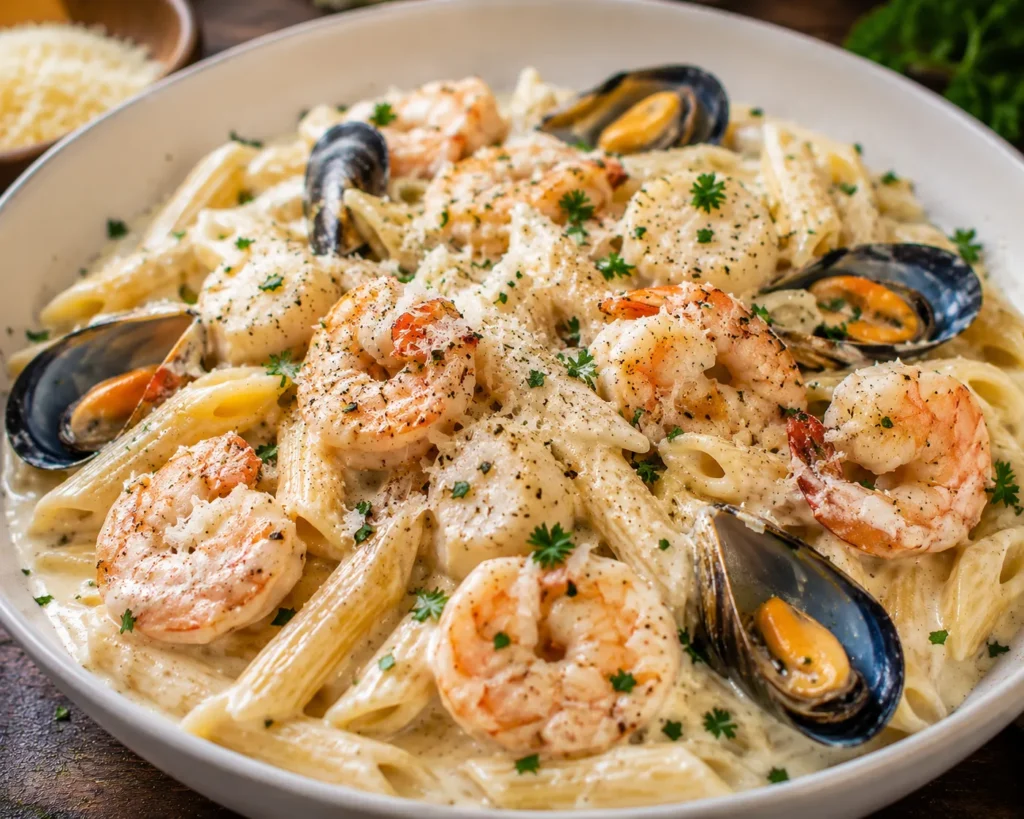 Creamy one-pot seafood pasta with shrimp, mussels, and parmesan cheese served hot