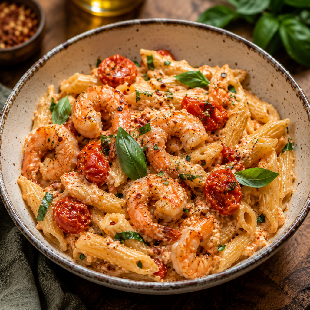 Creamy baked feta pasta with juicy shrimp, roasted cherry tomatoes, feta cheese sauce, and fresh herbs