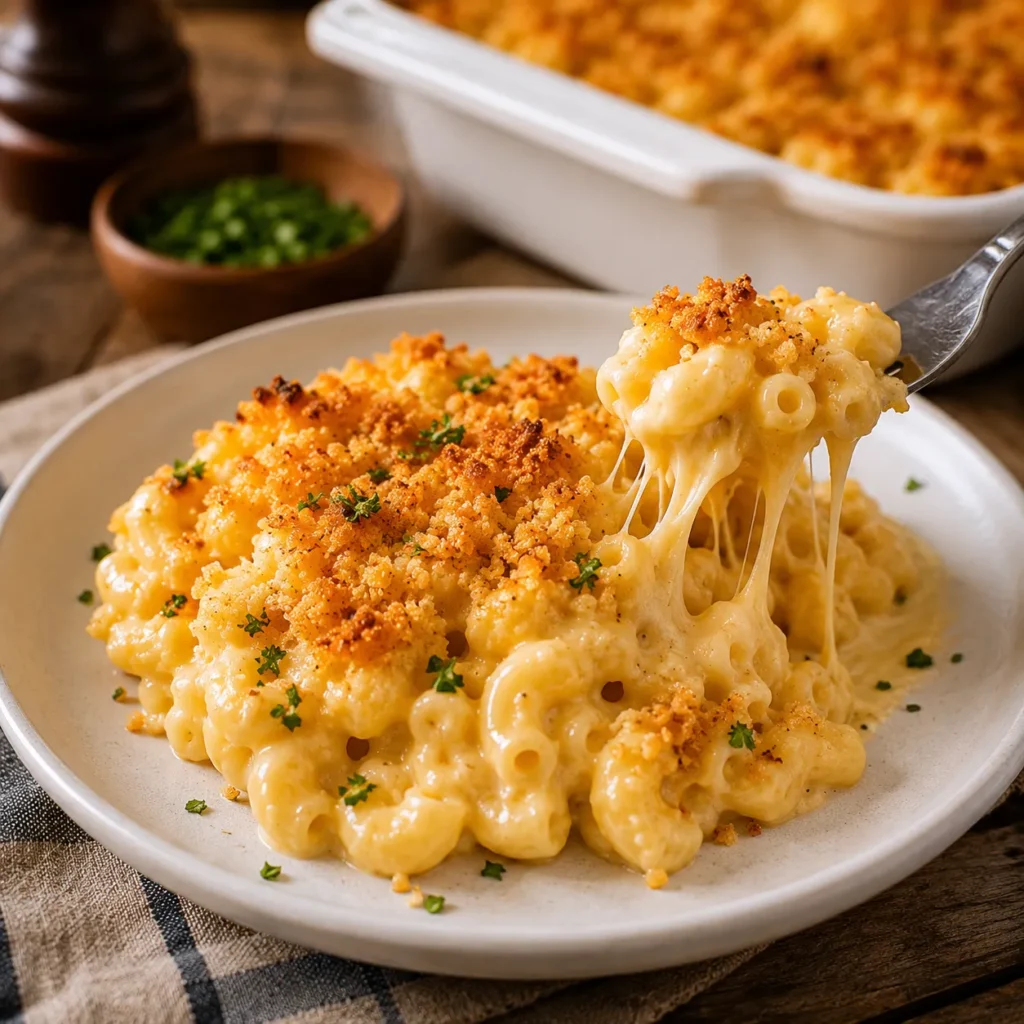 Creamy viral mac and cheese served on a white plate with stretchy melted cheese, crispy breadcrumb topping, and fresh parsley garnish.